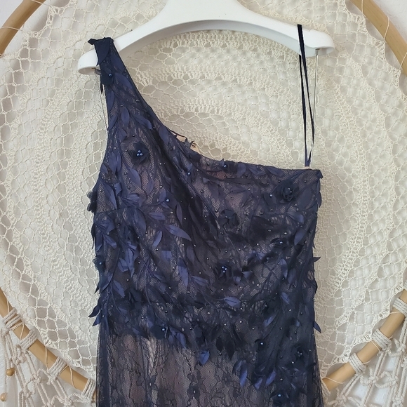 Xscape Women's Lace Mesh One-Shoulder Gown Blue Prom Mother of the Bride 8 - Picture 6 of 16